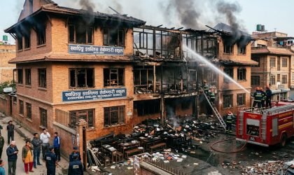 भक्तपुरको विद्यालयमा भीषण आगलागी, दुई तला क्षतिग्रस्त